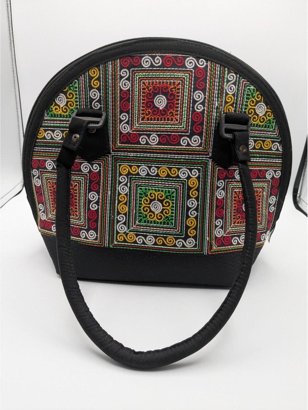 Embroidered Bohemian Handbag Black with Green Red Gold, Zipper, Double Handles